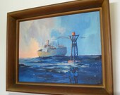 Vintage PAINTING of Sea Boat Ship and Buoy Blue Ocean - Beach Decor, Cottage Style, Shabby Chic