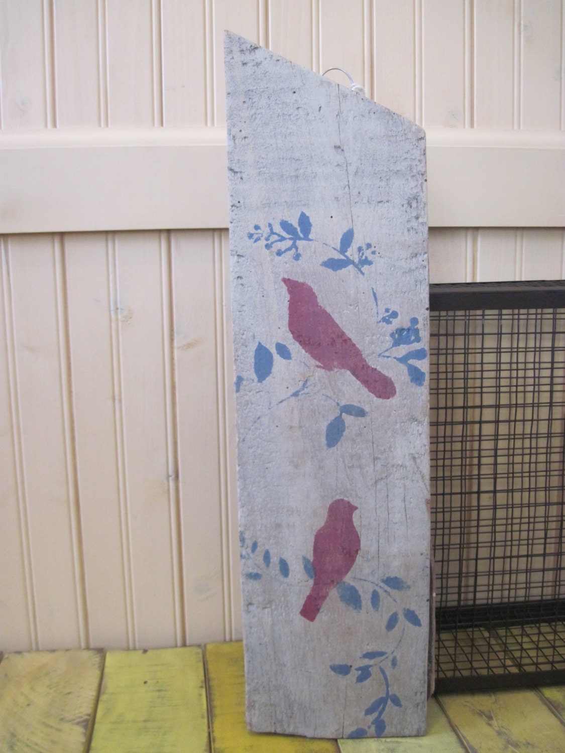 Shabby Chic Kitchen Picture Primitive RED Birds Wall Decor Sign  Old Barn Wood