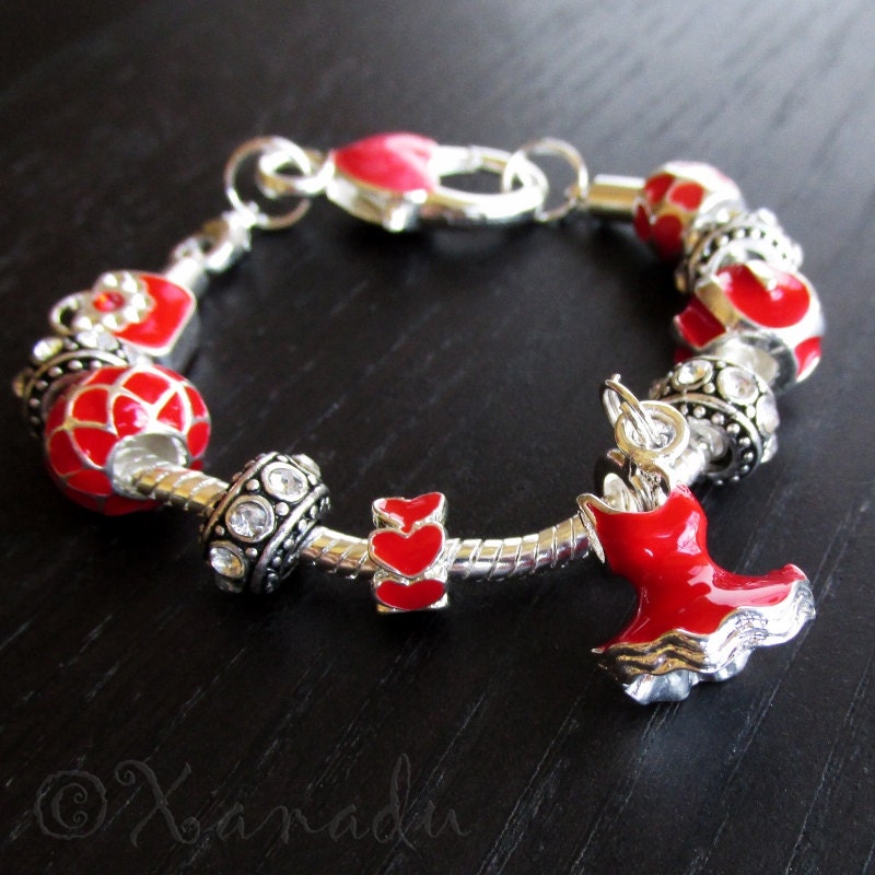 Lady In Red European Charm Bracelet With Red Handbag, Red Dress, Red Hearts And Rhinestone Charm Beads - Small, Child, Kid Sizes Available
