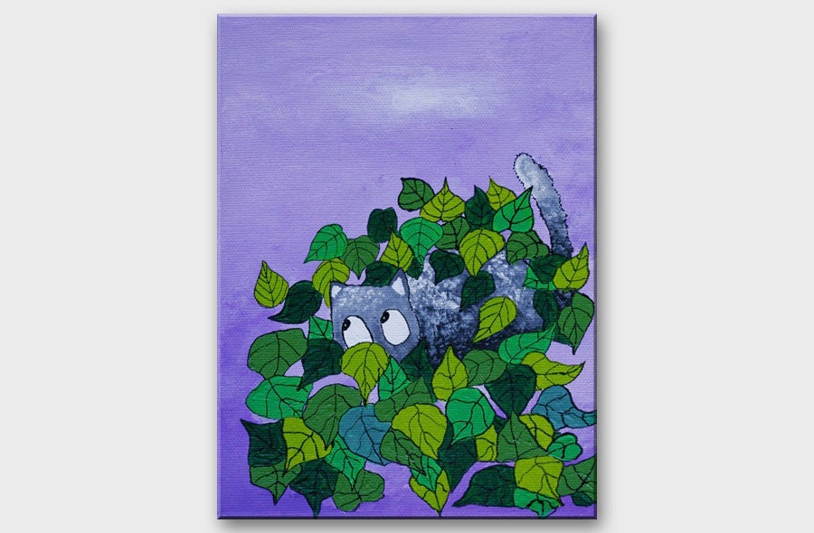 Cat painting kids room decor Pastel purple lilac art Funny kitty art on canvas Kitten illustration Woodland nursery decor Acrylic animal art