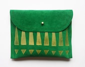 CLUTCH // small size // royal green suede with golden tribal print
