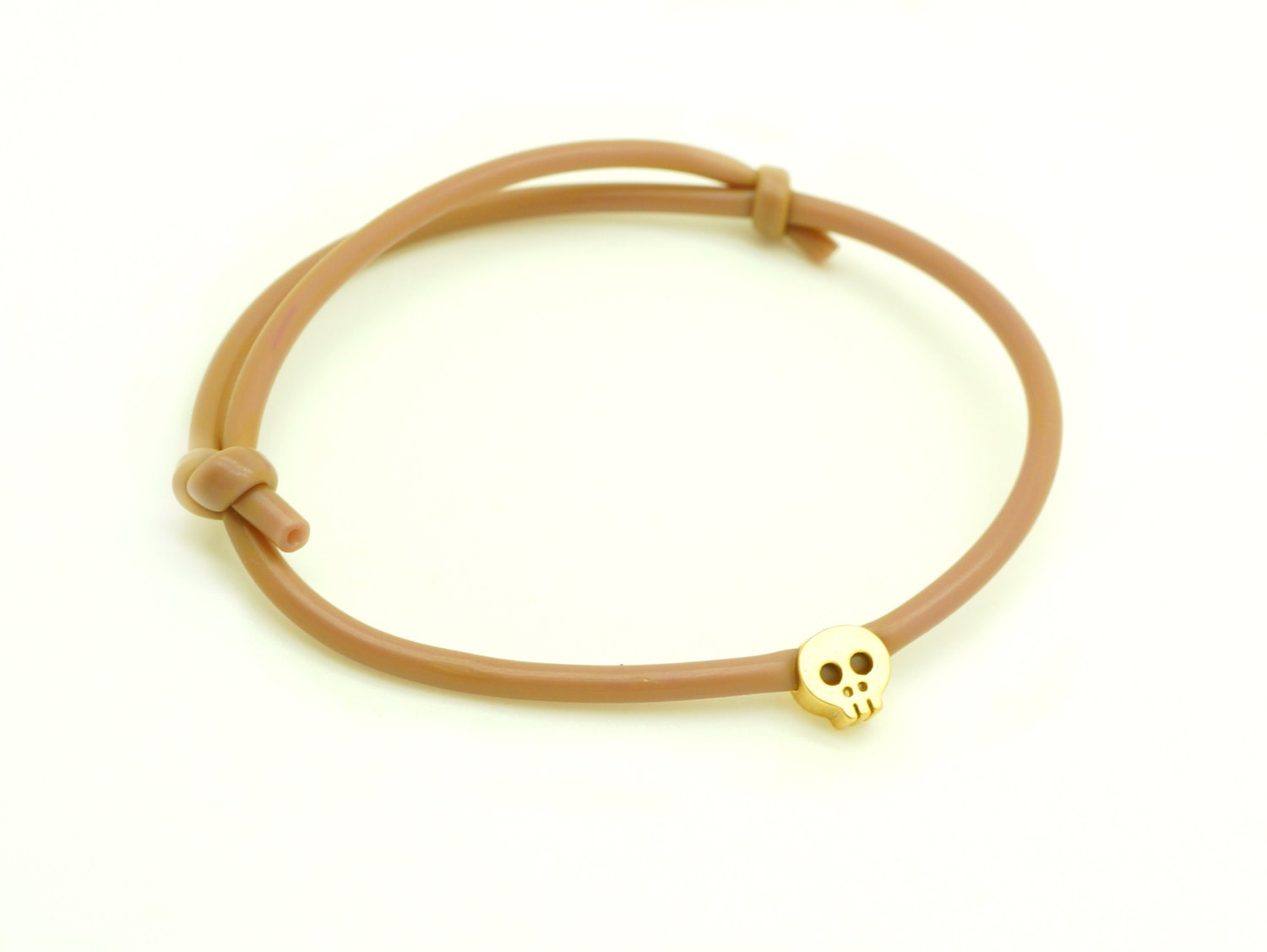 Olive Gold Skull Bracelet - Rubber Bracelet W/ Tiny 14k Gold Plated Skull Charm In Olive/Gold