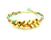 Gold Hex Nut Leather Bracelet w/ Mint Tassel - Pastel Mint Natural & Bronze Leather