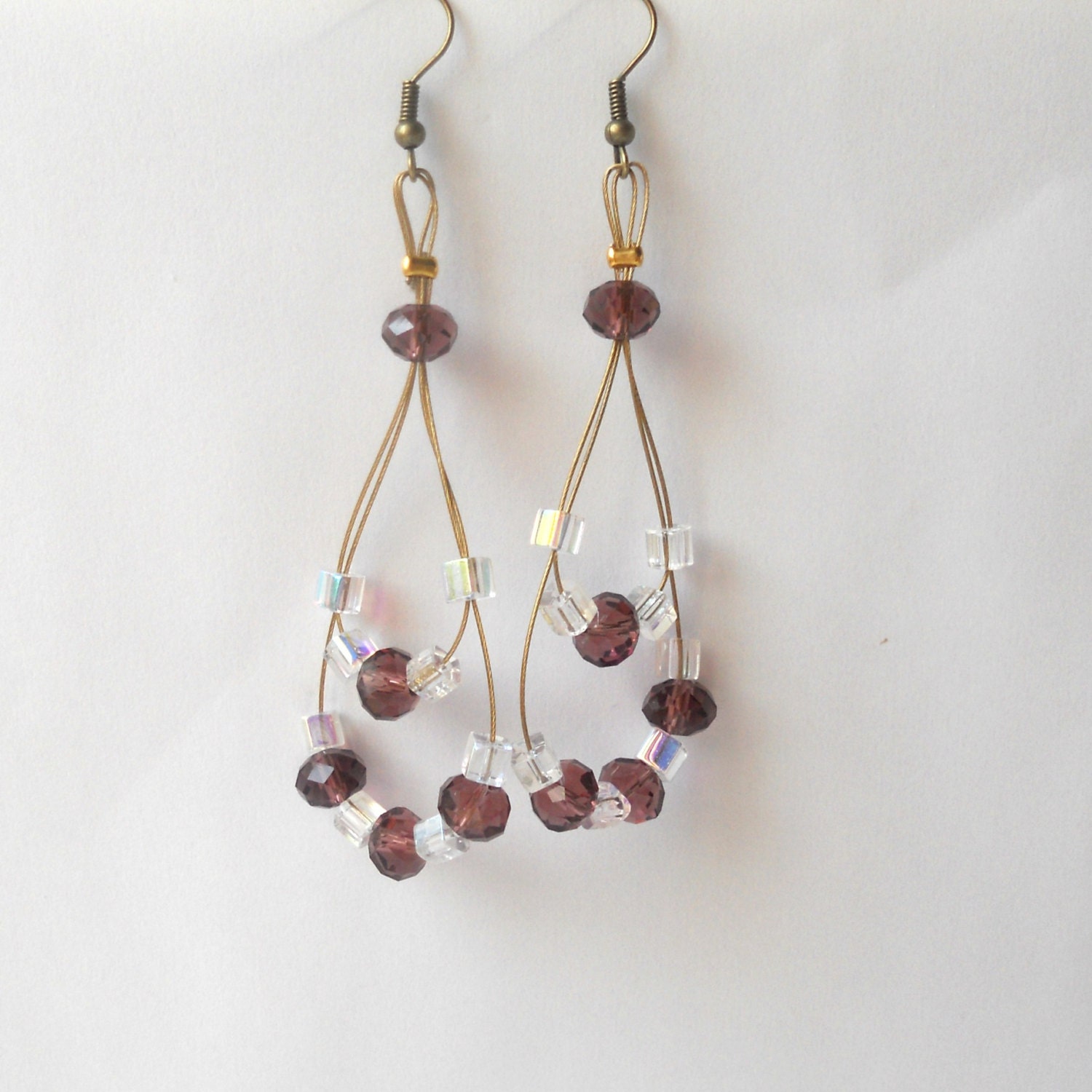 Amethyst faceted swarovski crystals and clear cube swarovski crystals teardrop dangle earrings