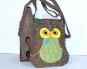 Owl Small Quilted and Embroidered Shoulder Bag Cross Body Fabric Purse "Henrietta" in brown, green and turquoise