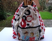 Handmade Large Cotton  Drawstring Craft  Bag - carry strap - knitting - crochet - gift - 3 slip pockets - mothers day - birthday  - sewing .