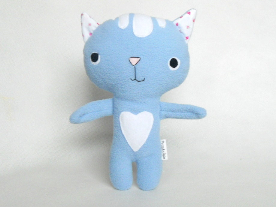 Stuffed Handmade Cat Heart Decor Plushie Safe Soft Softie Toddler BabyToy for Children Cotton Polar Fleece Blue White