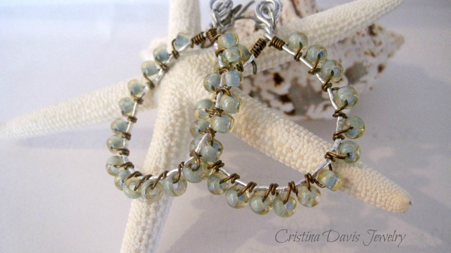 Beaded wire wrapped hoop earrings, seafoam ab, hypoallergenic, boho chic, beach girl, mother's day