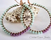 Beaded wire wrapped hoop earrings, mint green and purple, the little mermaid, boho chic, large earrings, gift ideas