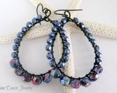Beaded wire wrapped earrings, magic blue, iridescent, black wire, boho chic, hoop, gift ideas