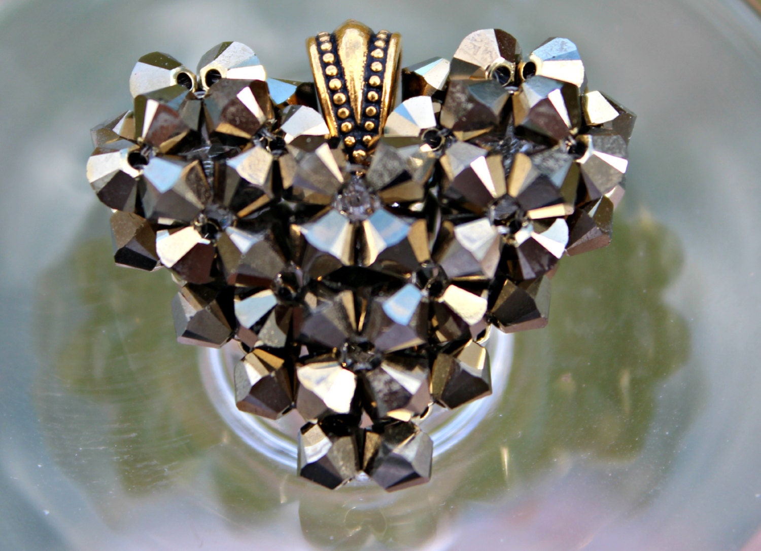 Golden Globe Heart, Swarovski Crystal Floating Heart Necklace, Gold Bling Necklace, Match Expression Rings of Hope ring