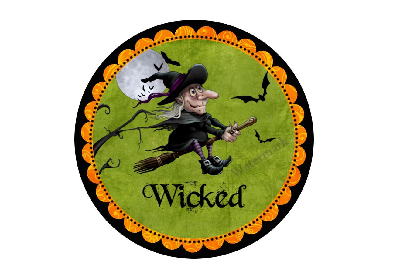 Printable Halloween Wicked Witch Flying on Her Broomstick Cupcake Toppers or Gift Tags 2 1/2"