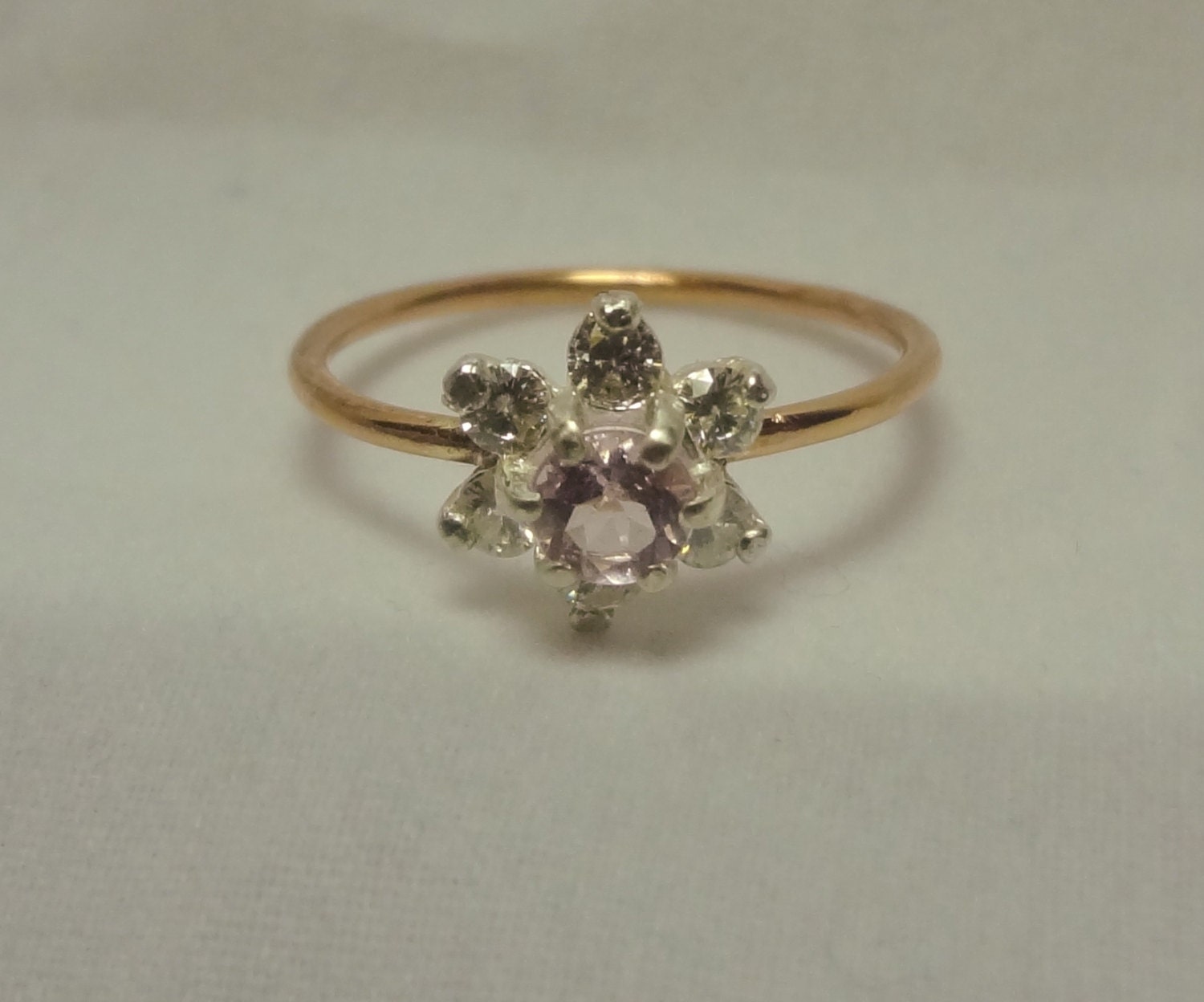 Peachy-Pink Morganite Daisy with Moissanite Petal Stering Silver and Rose Gold-Filled/14KT Rose Gold Ring