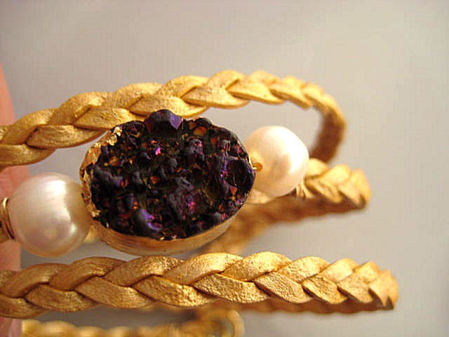 Tiny Treasures -Gold Braided Triple Leather Wrap Purple Drusy Quartz and Pearl 14k Gold Fill Bracelet