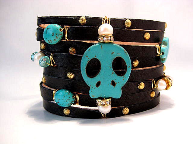 Black Leather Multi Strand Cuff, Turquoise Skull, Fresh Water Pearls, Swarovski Crystals, Adjustable Beaded Bracelet   "FREE SHIPPING"