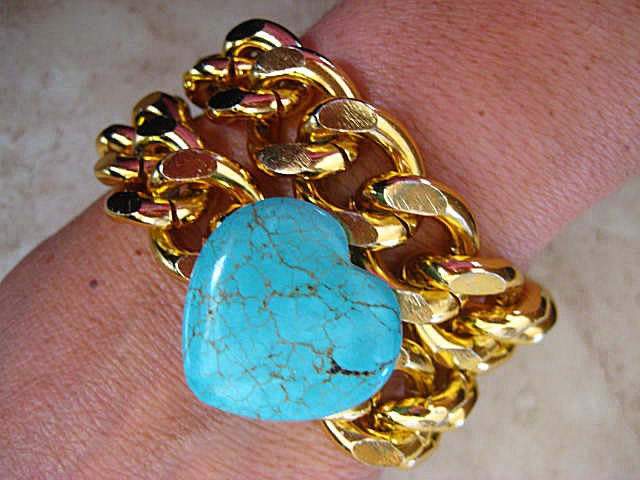 Chic Double Wrap 18K Plated Gold Chunky Chain Stacking Bracelet with Heart Turquoise..