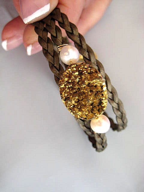 Tiny Treasures - Bronze Braided Triple Leather Wrap Gold Quartz and Pearl 14k Gold Fill Bracelet