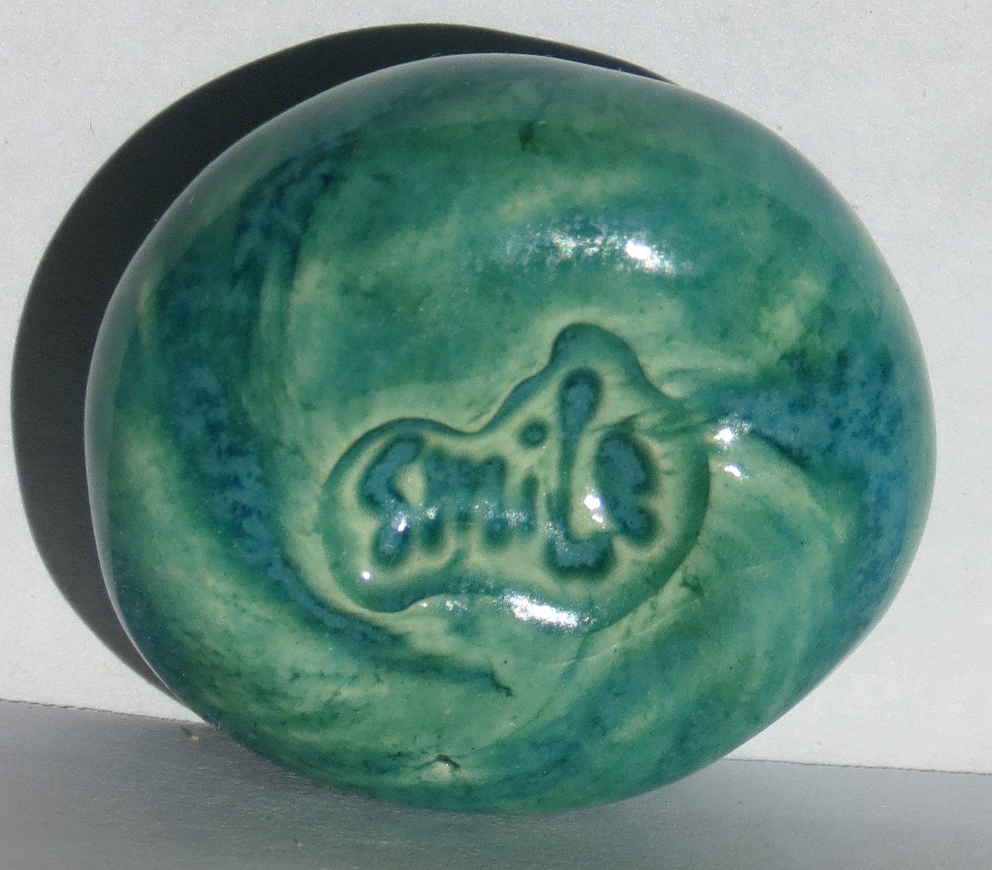 Pocket Stone "SMILE" - Ceramic -  AQUAMARINE Art Glaze - Inspirational Art Piece