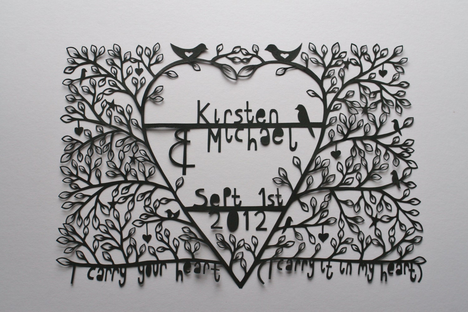 Customised bespoke papercut, paper cut, wedding gift, anniversary gift, present, family tree, folk art, monotone, black