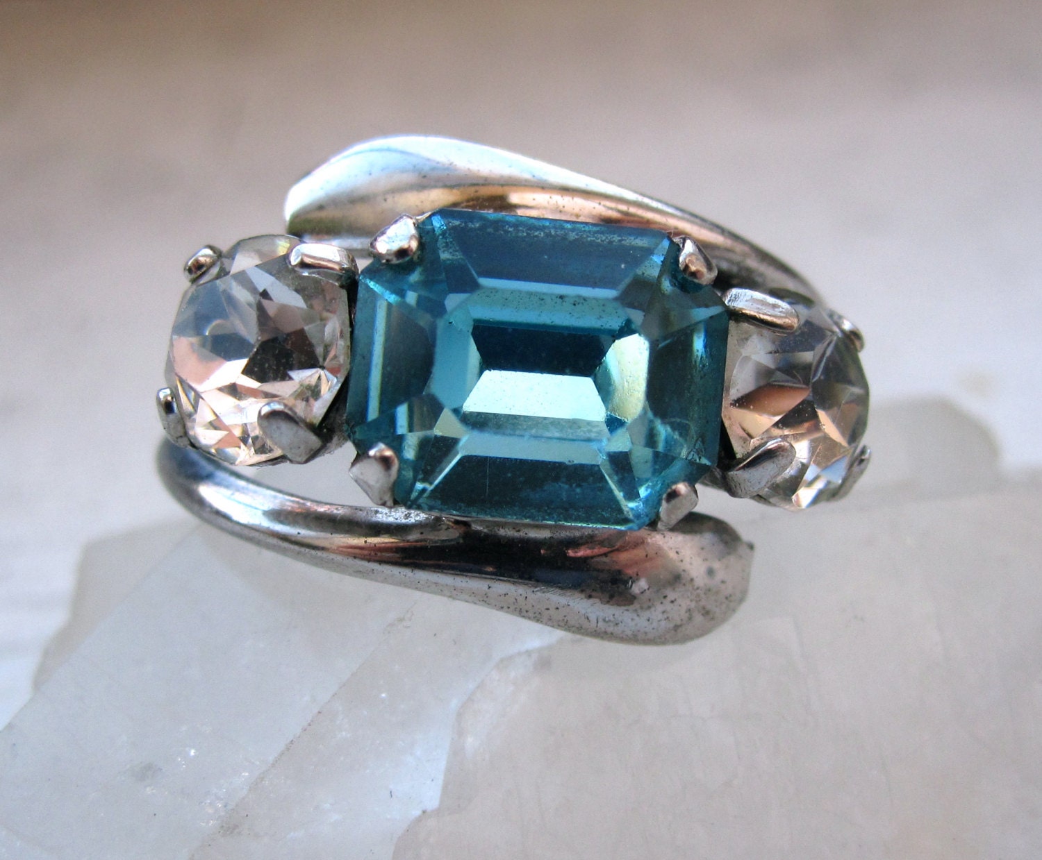 Triple Stone Blue Topaz Glass Sterling SIlver Ring
