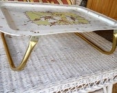 Vintage Breakfast Tray White Gold Green Lap Half TV Tray Folding Tray Painted Floral Retro