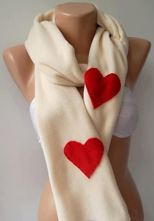 LOVE   - Super elegant scarf /shawl long scarf...Beige - red heart...