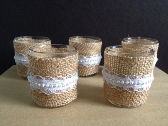 Votive candles wrapped in burlap with lace pearl, great rustic wedding candles.