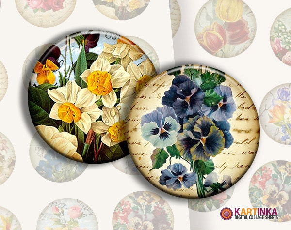 VINTAGE FLORAL SPRING  - Digital Collage Sheet, Printable 2 inch circle images - for Pocket Mirrors Magnets - Paper Weights - Large Earrings