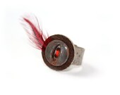 Upcycled Vintage 1920s Metal Button Adjustable Industrial Ring with Leather and Red Feather