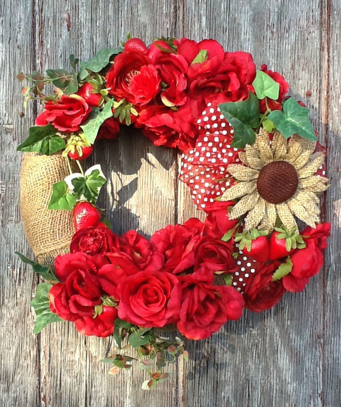 Silk Floral Burlap Wreath with Polka Dot Bow Home Decor