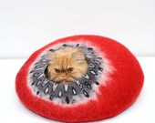 Red felted cat bed, cats cave, pet house red and black