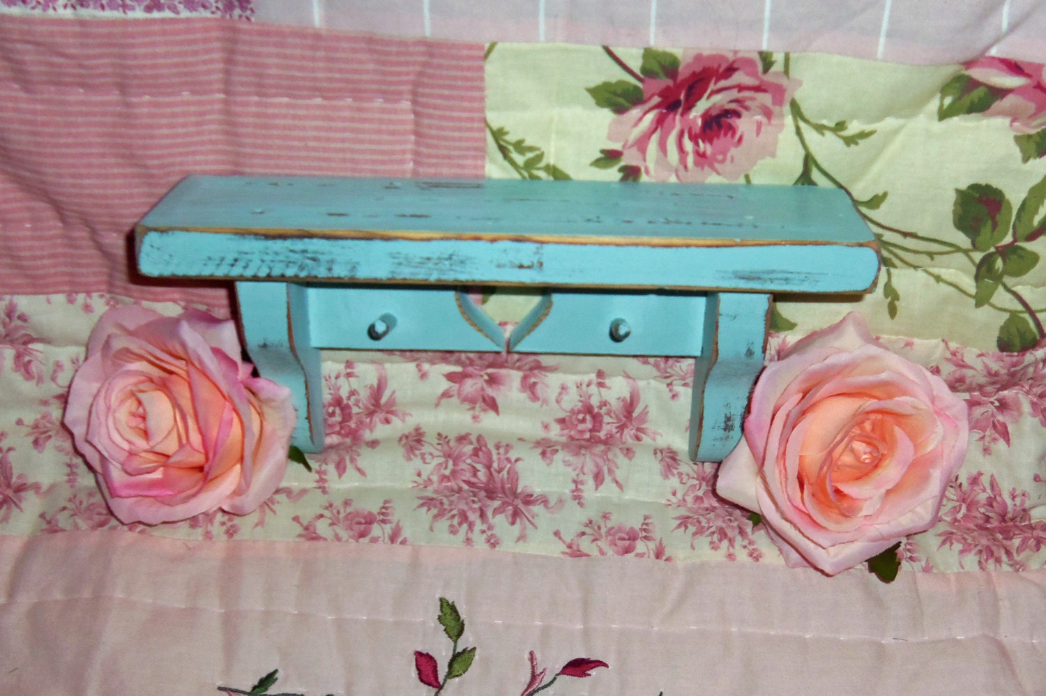 Small Shelf - Vintage, Wood, Aqua, Hand Painted, Distressed, Cottage Chic, Shabby, Beach, Cabin, Kitchen, Upcycled, Rustic