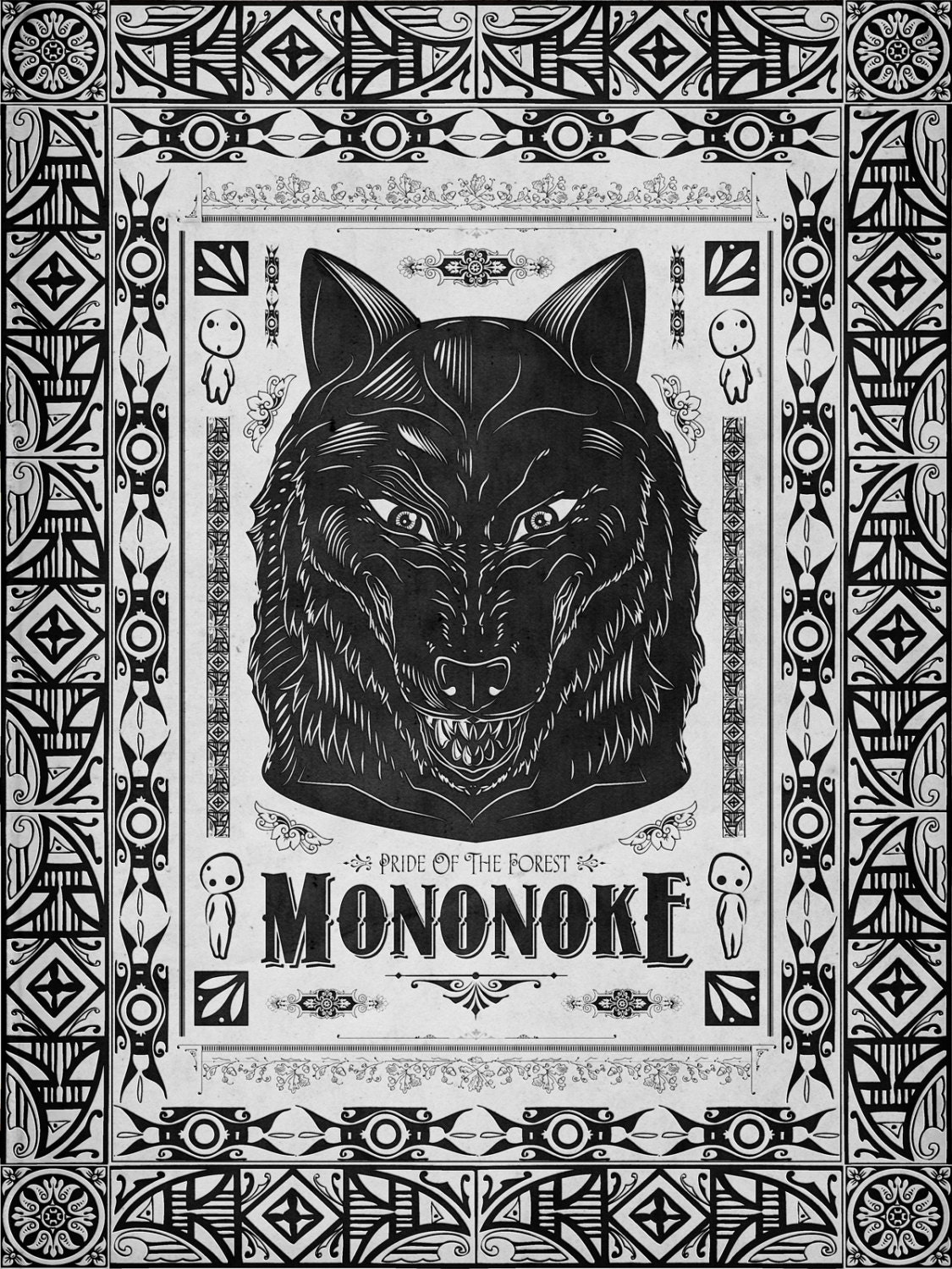 Miyazaki's Princess Mononoke Wolf Line Art - signed museum quality giclée fine art print 16" x 20"