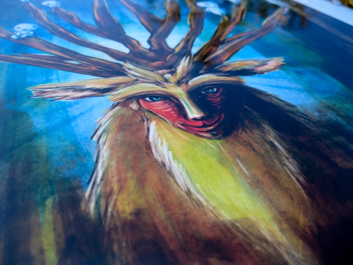 Mononoke Deer God Painting on Reflections Metallic Silver Paper Giclée Archival Ink 16" x 20"