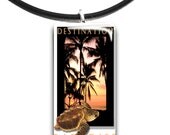 Destination Paradise Pendant, Glass tile, handmade, sea turtle, Sunset, palm trees, orange pink and black