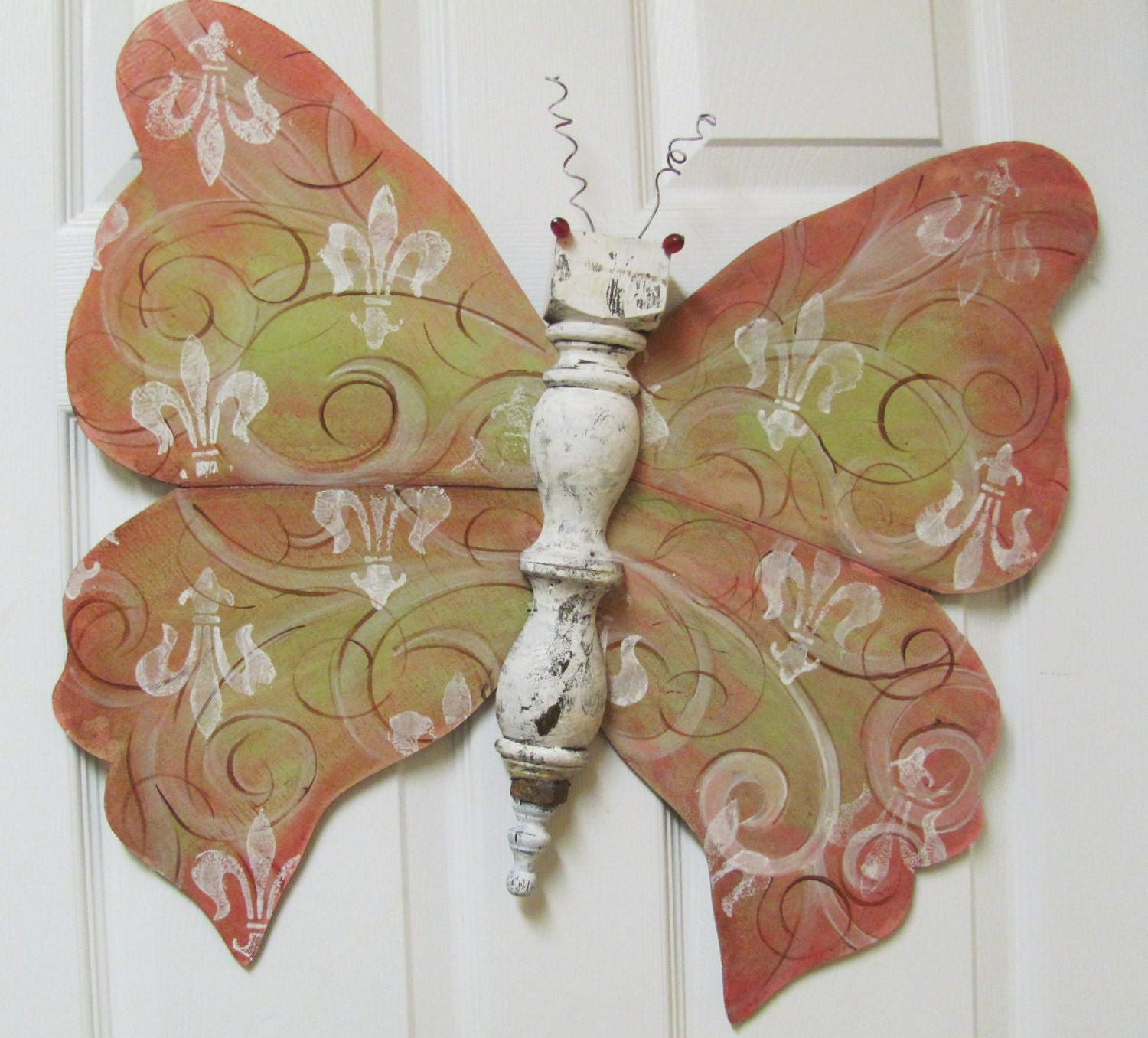 Table Leg Butterfly Wall Art- Pink Parisian Victorian Cottage Fleur de lis, Shabby Chic, Glass Bead Eyes