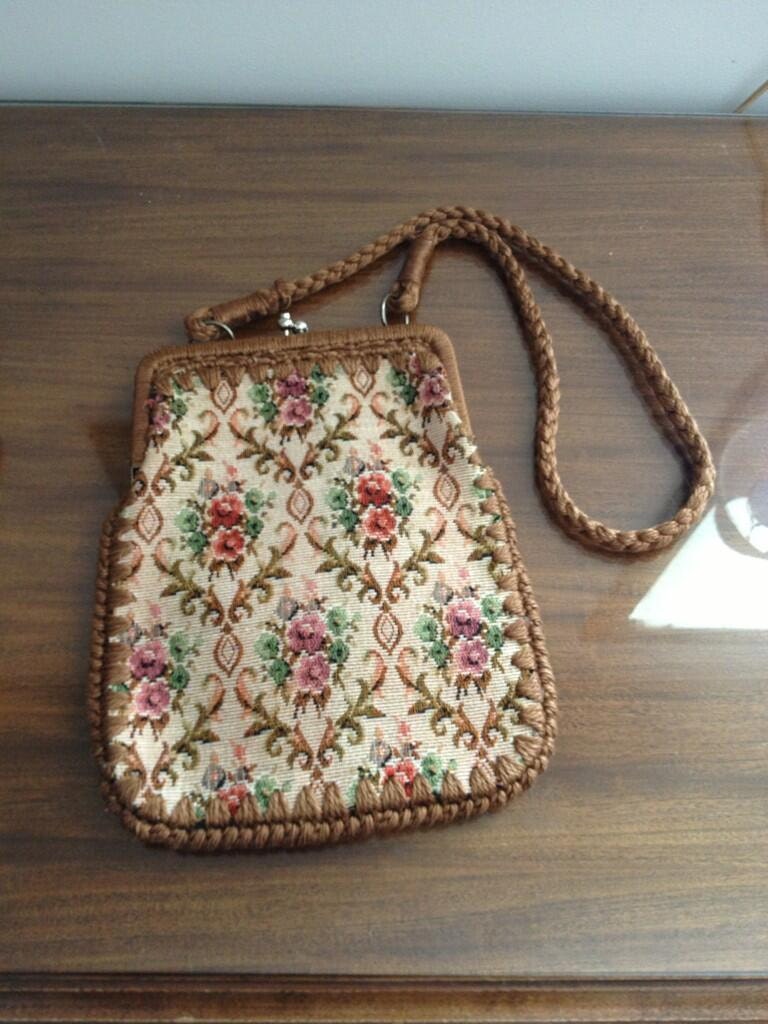 Vintage Floral Hippy Purse with Brown Trim and Strap