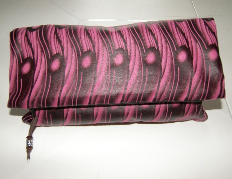 Floppy Fold Clutch Bag Pink & Brown Faux Leather PVC Fabric Handmade In France