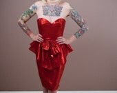 1980s Vtg Red Peplum Metallic Foil Va Va Voom Dress