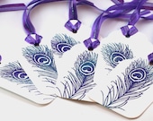 Purple peacock feather tags, peacock wedding wish tags, gift tags, iridescent Embossed favor tags, party tags,
