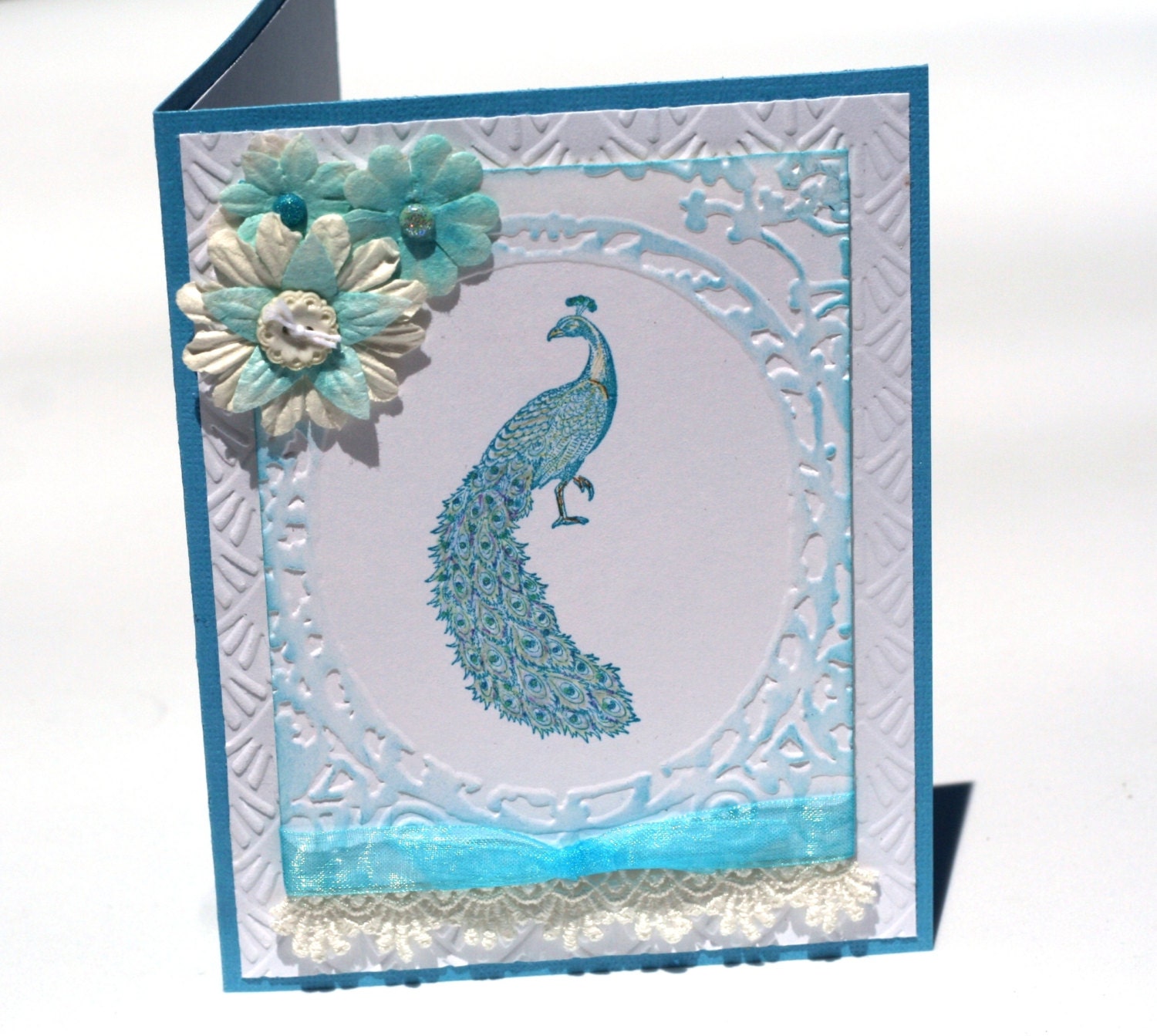 Peacock wedding card, turquoise blue, shabby chic blank card, embossed note card, art deco, tiffany blue