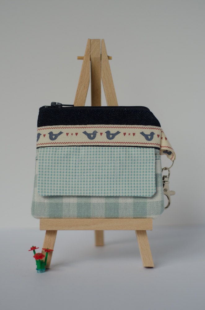 shabby chic coin and card purse in duck-egg blue gingham lined lightweight casual weekend