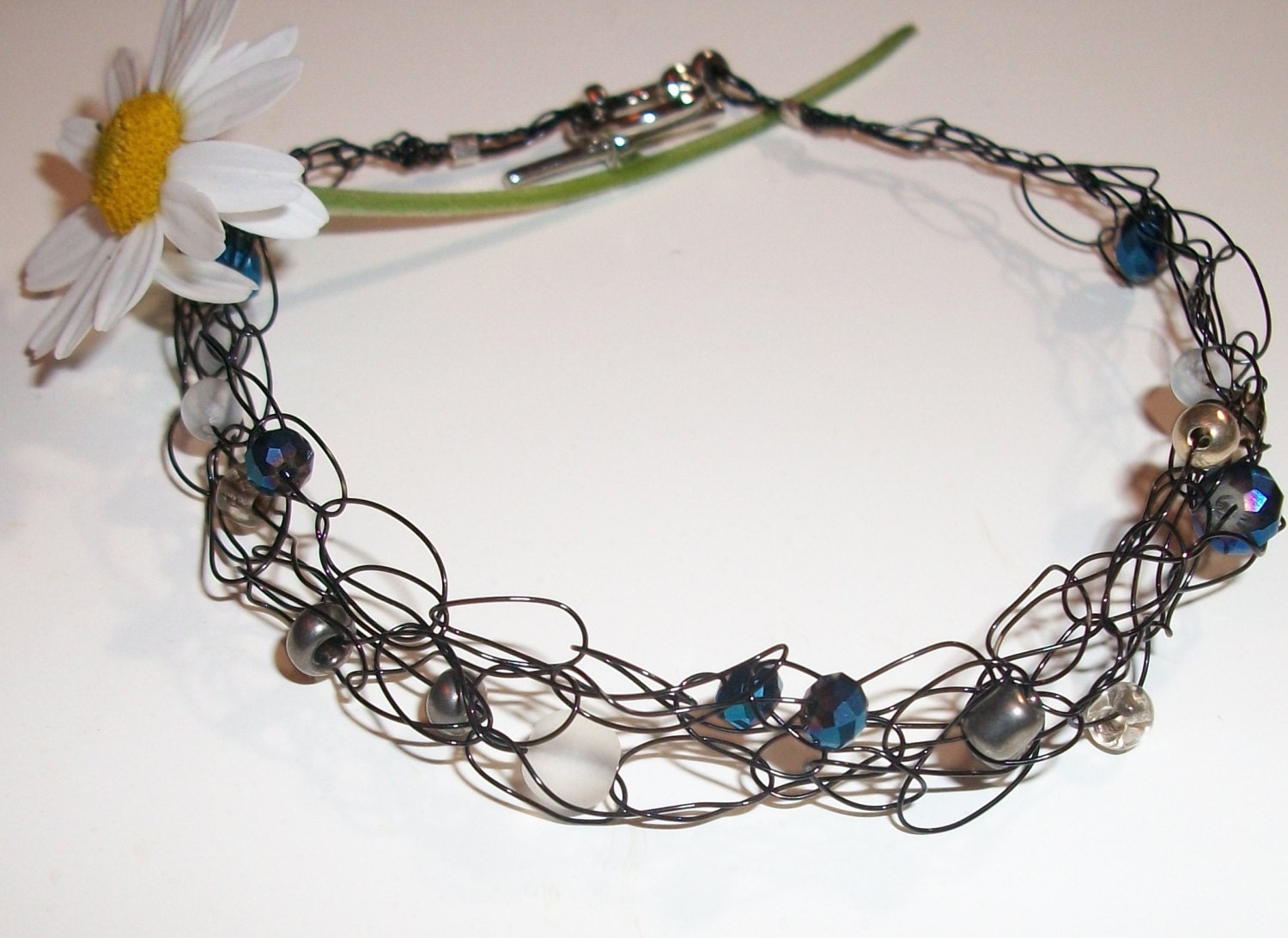 Blue Beaded wire crochet bracelet/Anklet, Jewelry