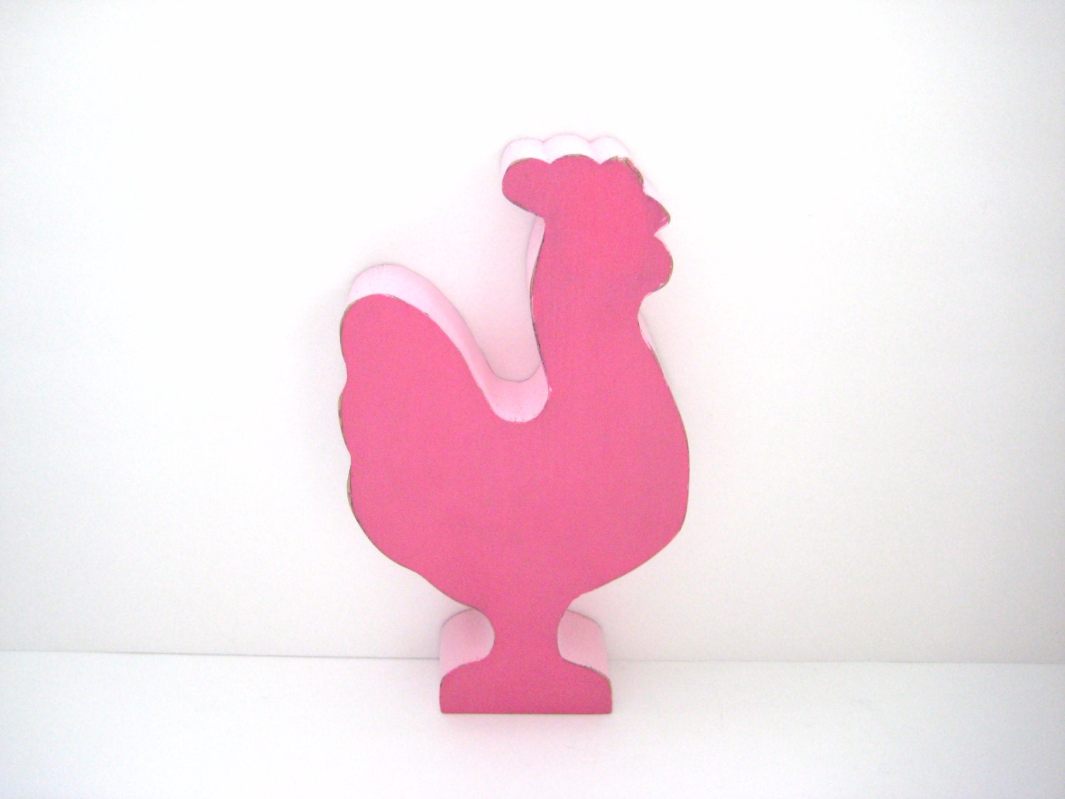 Pink Chicken Rooster - Distressed Wood - Unique Folky Kitchen Decor