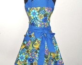 Vivid blues and lavender floral pattern full bib womens apron-stylish handmade-retro-one size fits most