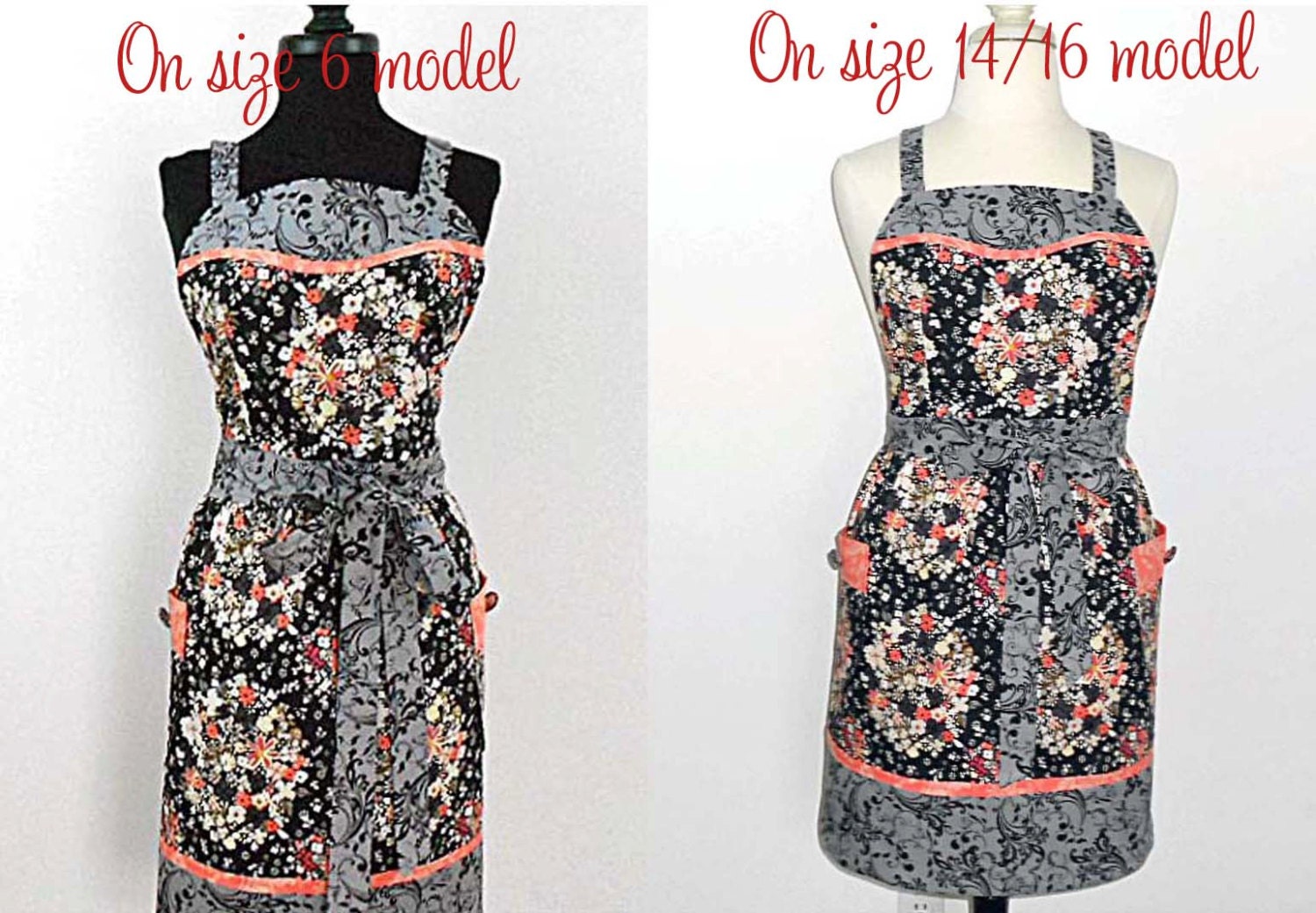Womens full bib cotton handmade retro apron with trendy gathered skirt- designer floral fabric in black-one size fits most