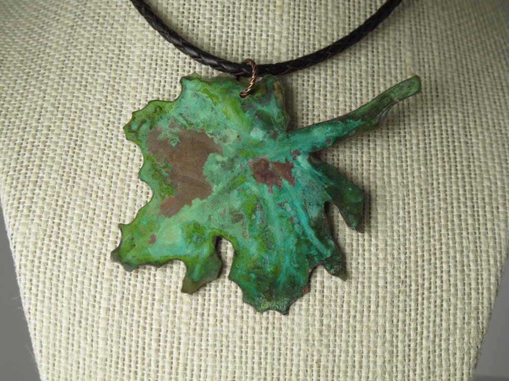 Copper Maple Leaf Pendant Necklace, Green and Verdigris Patinas, Brown Leather Braided Cord, Sterling Silver Clasp, PN0134