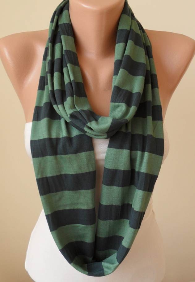 Mother's Day - Dark and Light Green Striped Infinty Scarf  - Circle -  Loop Scarf - Combed Cotton Fabric