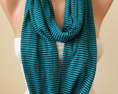 Green and Black Striped Infinty Scarf  - Circle -  Loop Scarf - Combed Cotton Fabric