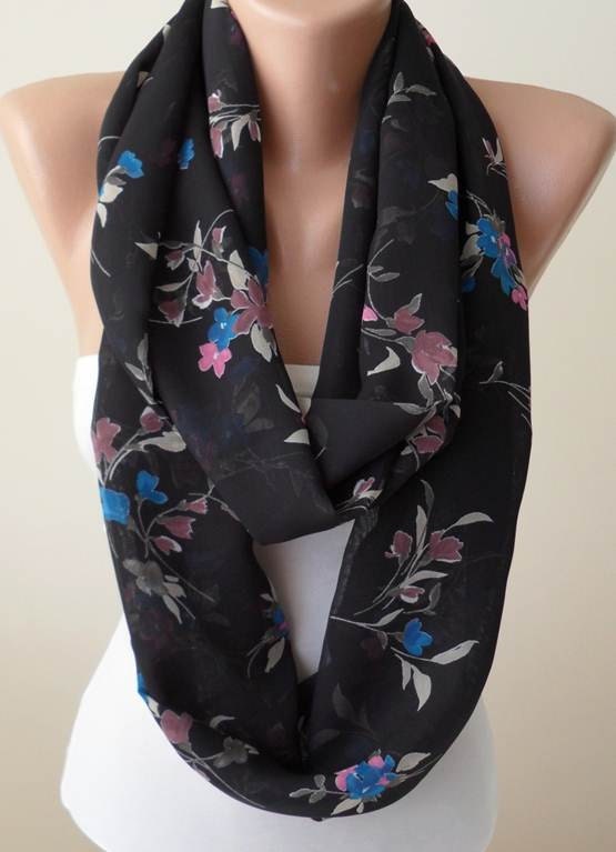 Mother's Day - Black Infinity Scarf with Pink and Blue Flowers-  Chiffon Fabric